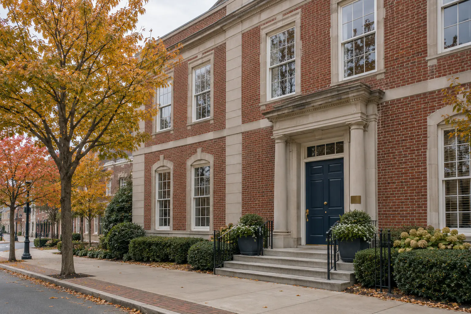 The Hollins Building on Court Street: red brick and pale limestone, tall sash windows and a navy front door, under autumn trees.