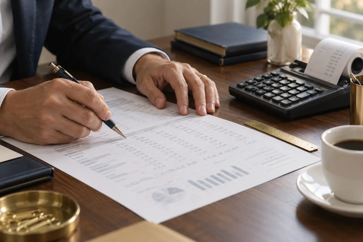 A partner reviewing a printed financial statement with a pencil, beside a brass ruler, an adding machine and a cup of coffee.