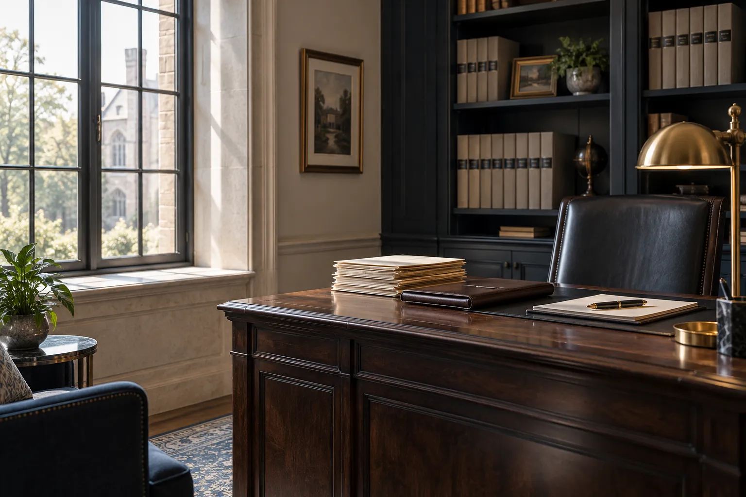 A partner's office at Aldridge & Penn: a walnut desk with client folders, a fountain pen on a ledger pad and a brass lamp, beside a tall window in morning light.
