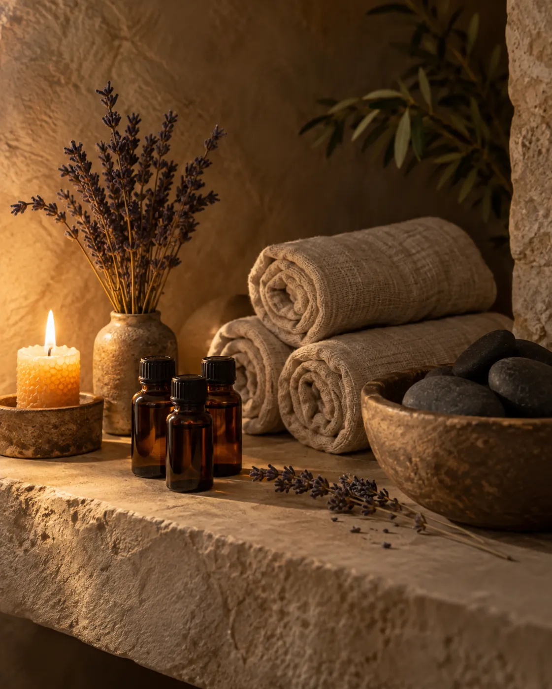 Amber glass oil bottles, rolled linen towels, warm basalt stones and dried lavender on a stone shelf by candlelight