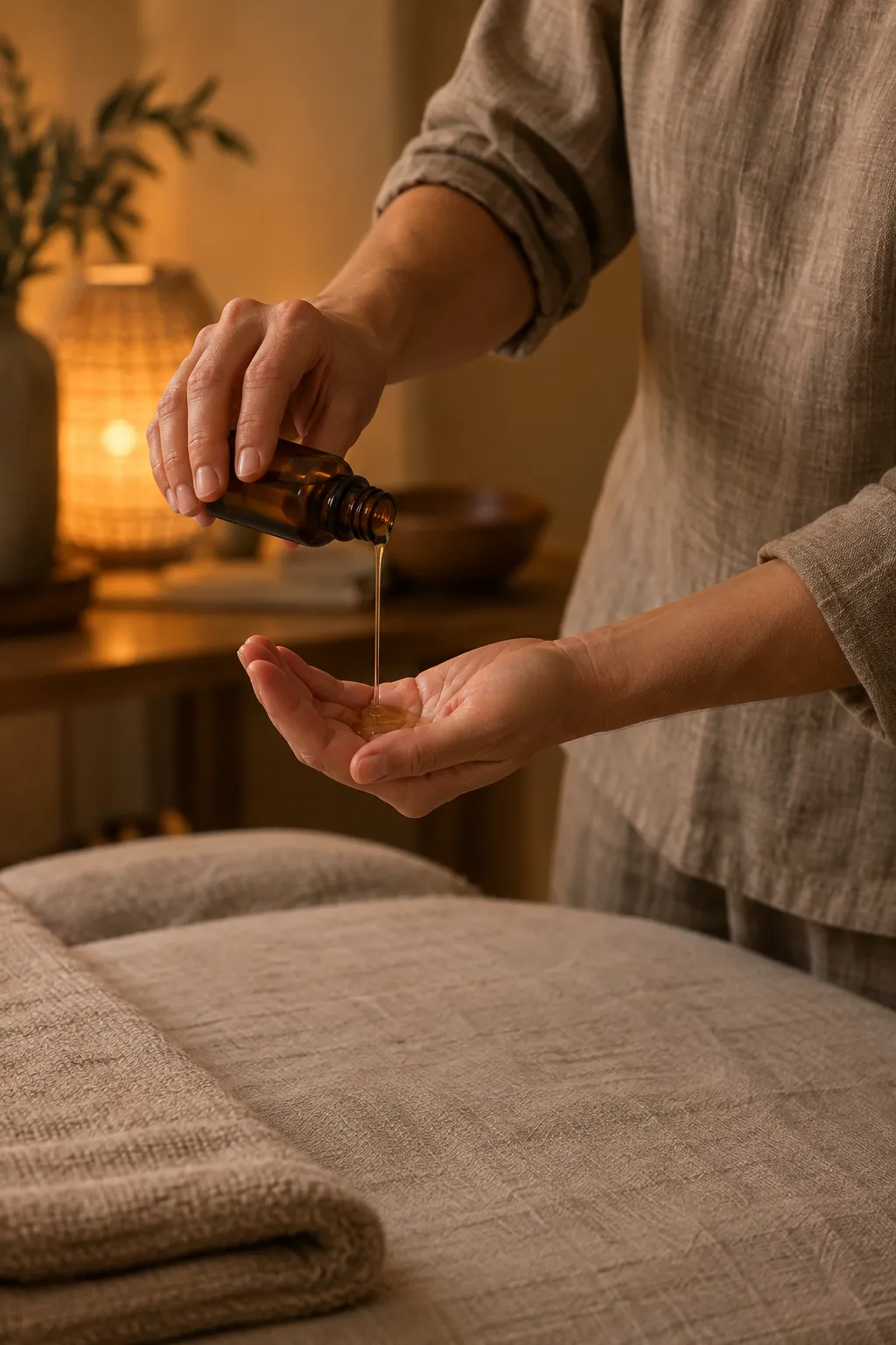 A therapist in a linen top pouring warm oil from an amber bottle into her palm above a linen-dressed table