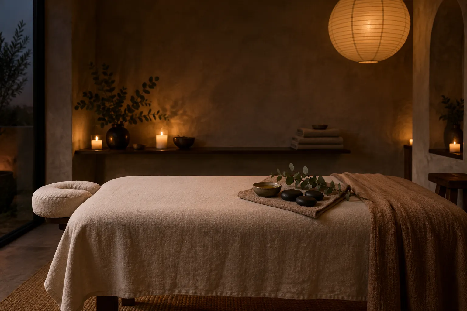 A candlelit treatment room: a massage table in oatmeal linen, warm stones and eucalyptus, under a glowing paper lantern