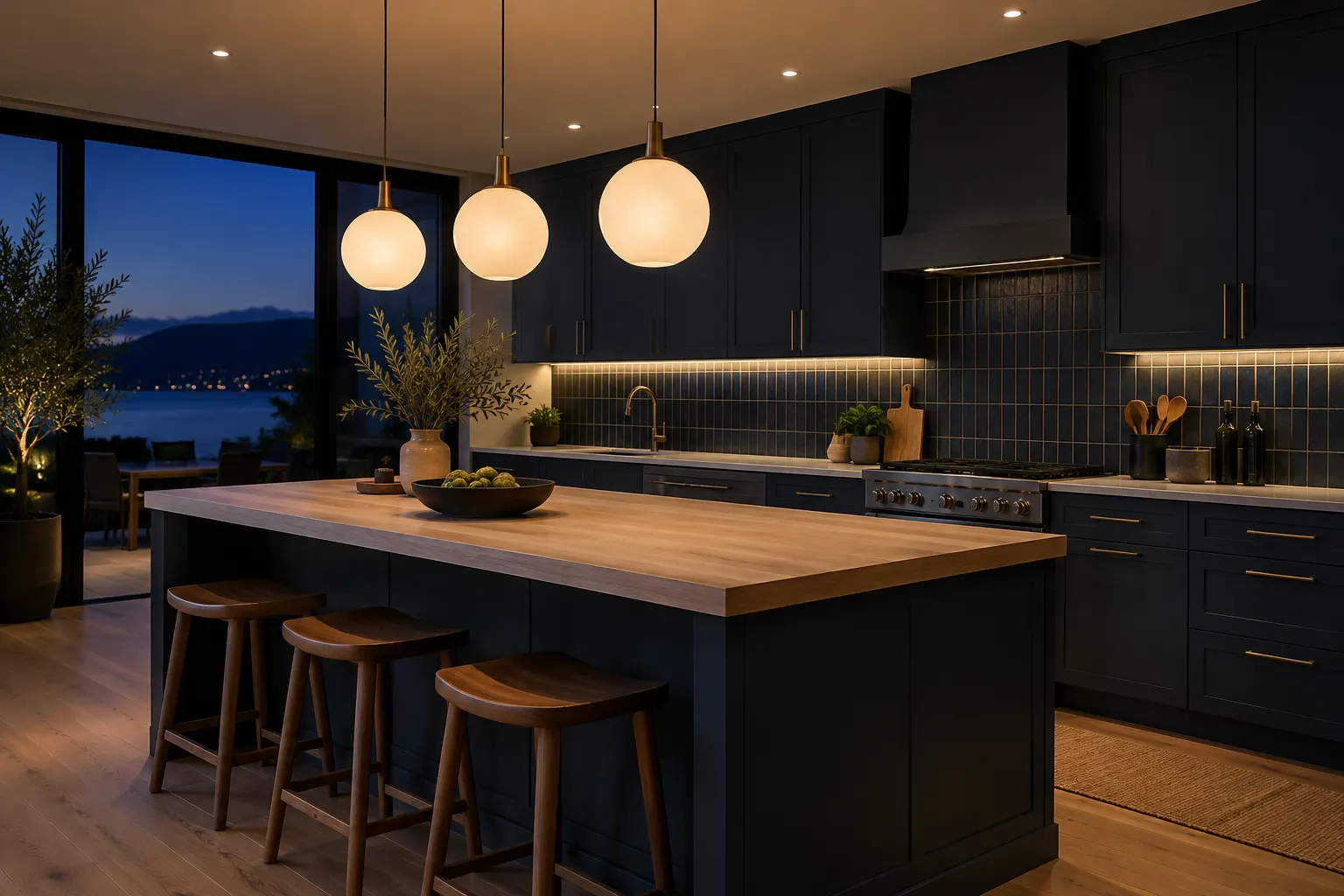 A kitchen at dusk with three warm globe pendants over a white oak island, recessed downlights and under-cabinet strips, and deep blue cabinets