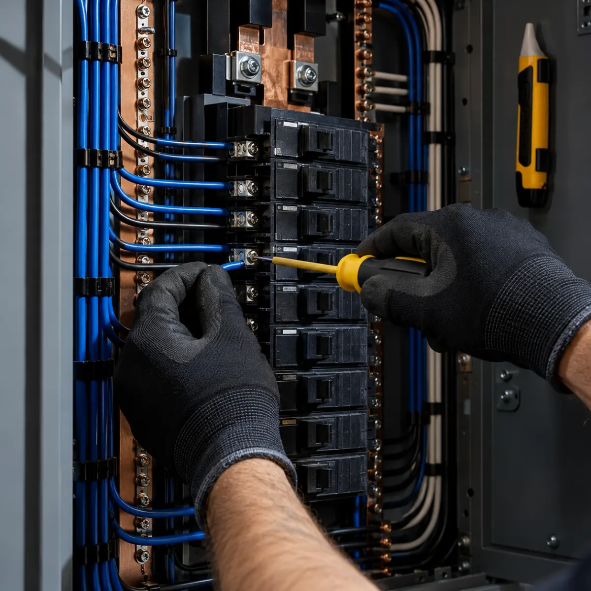 An electrician's hands in black gloves landing a blue wire on a breaker in a neatly dressed panel, a yellow screwdriver in hand
