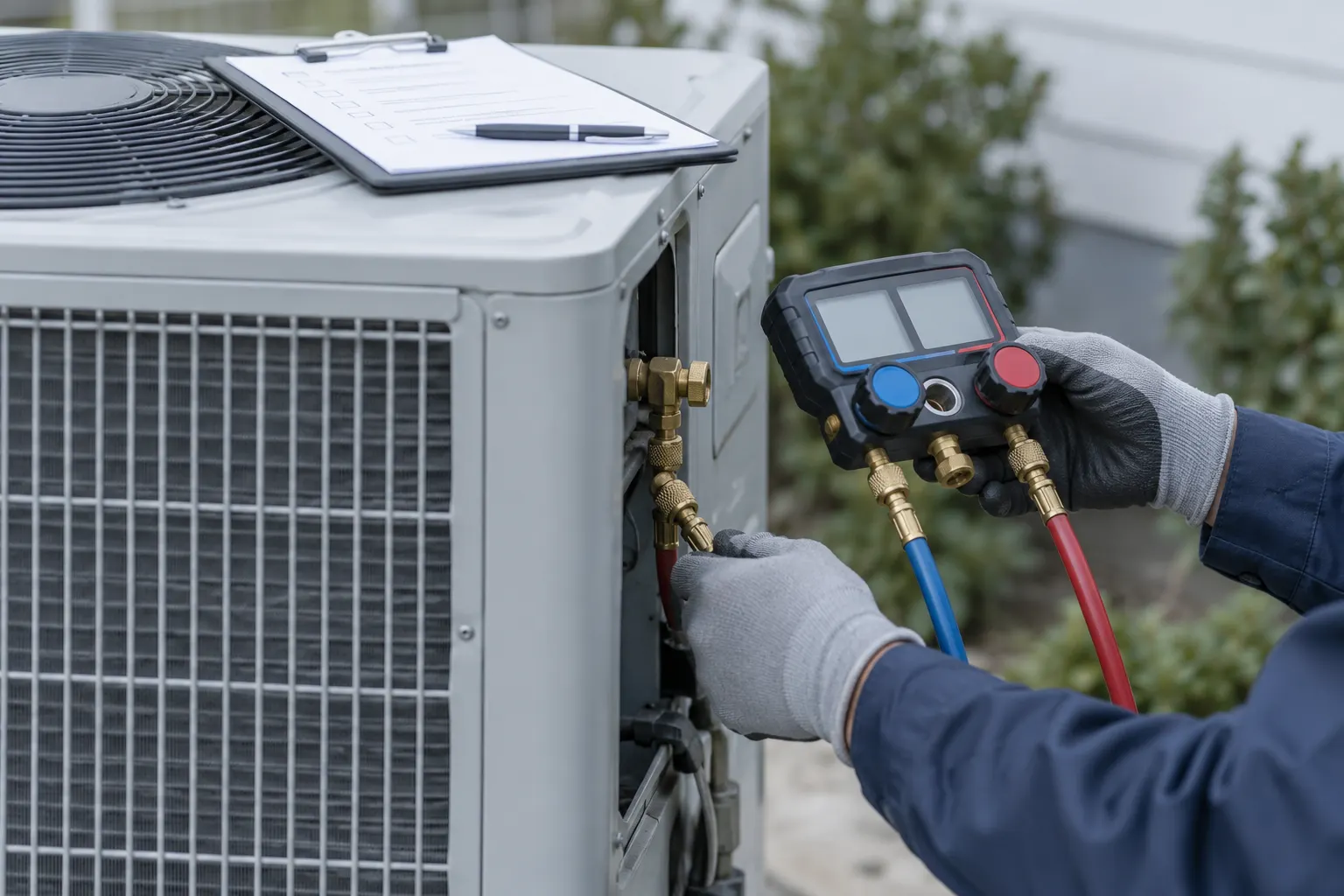 A technician's gloved hands connecting a refrigerant gauge with blue and red hoses to an outdoor heat pump, a clipboard resting on top
