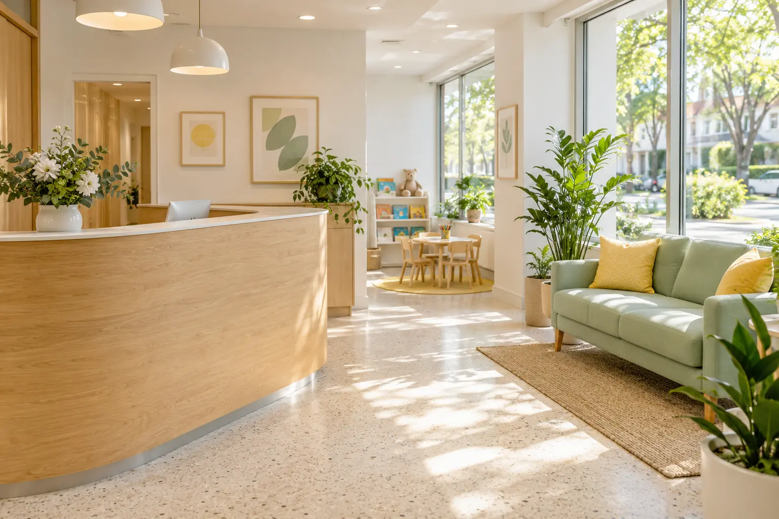 The Brightside reception: a curved oak front desk, a mint sofa with yellow cushions and a children's corner with books by the window