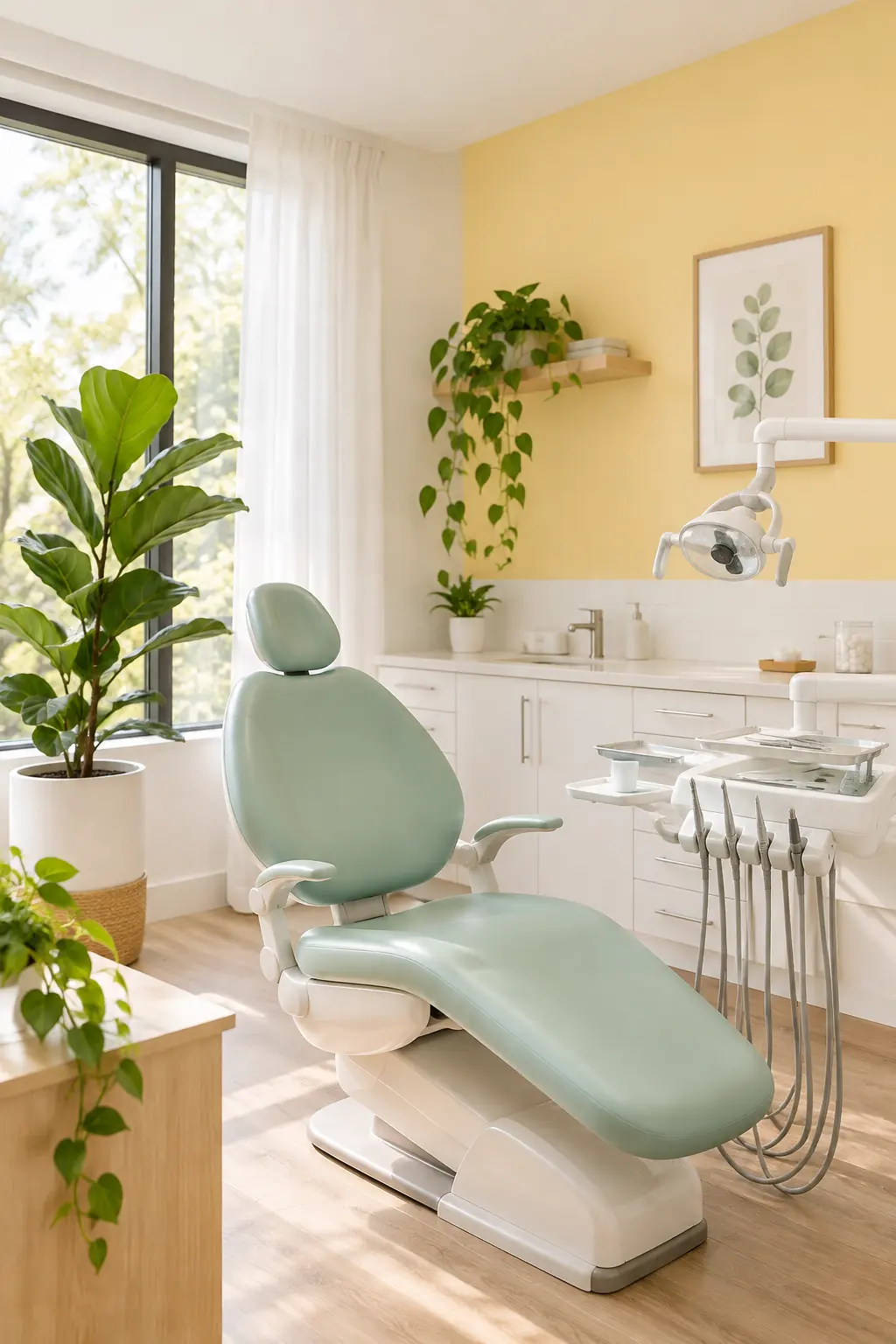 A bright treatment room at Brightside: a mint dental chair by a sunny window, a fiddle-leaf fig and a trailing pothos on an oak shelf