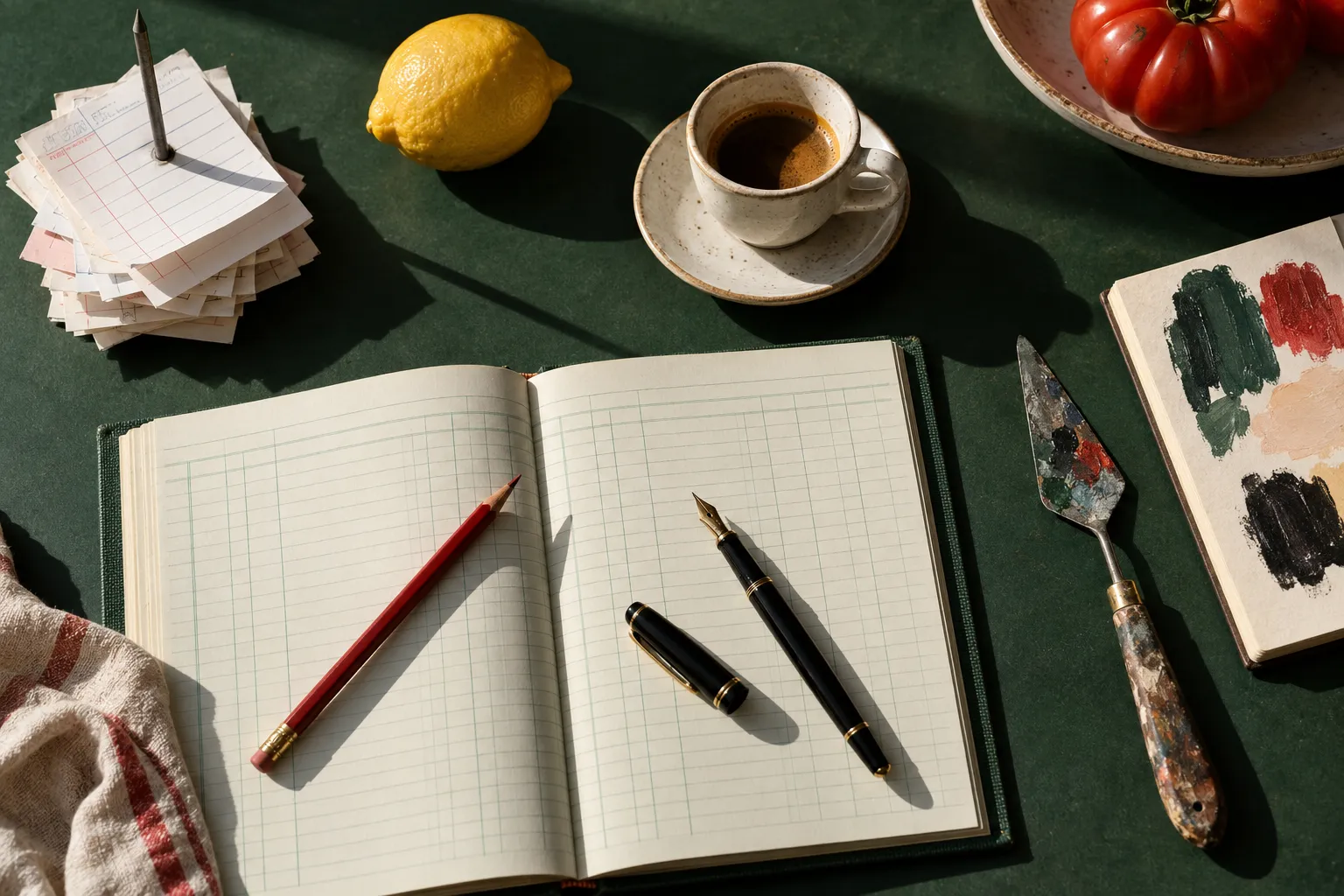 On a green desk: an open ledger with a red pencil and a fountain pen, a spike of order tickets, an espresso, a lemon, a painter’s knife and a sketchbook of color swatches.
