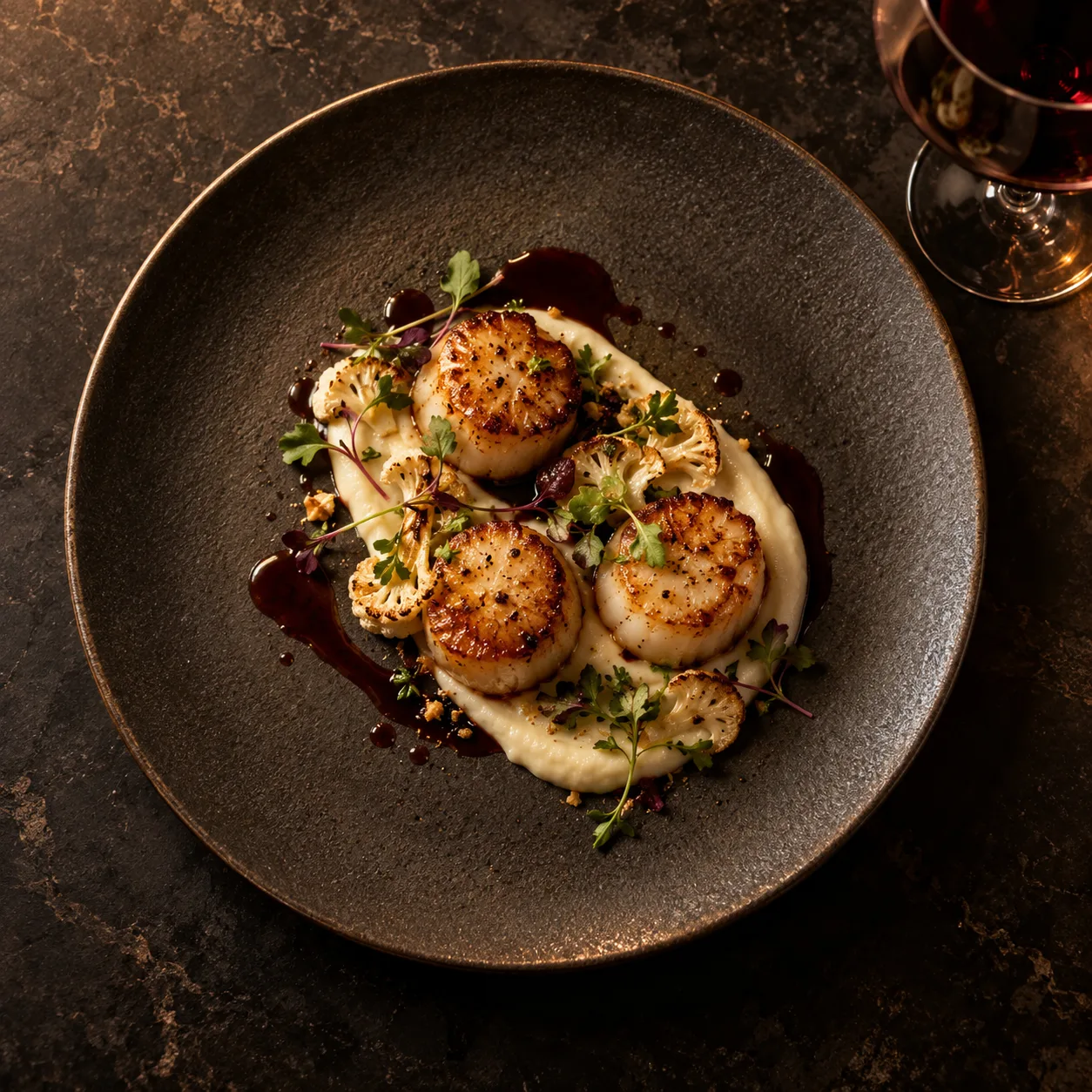 Seared scallops with cauliflower puree and herbs on a charcoal plate