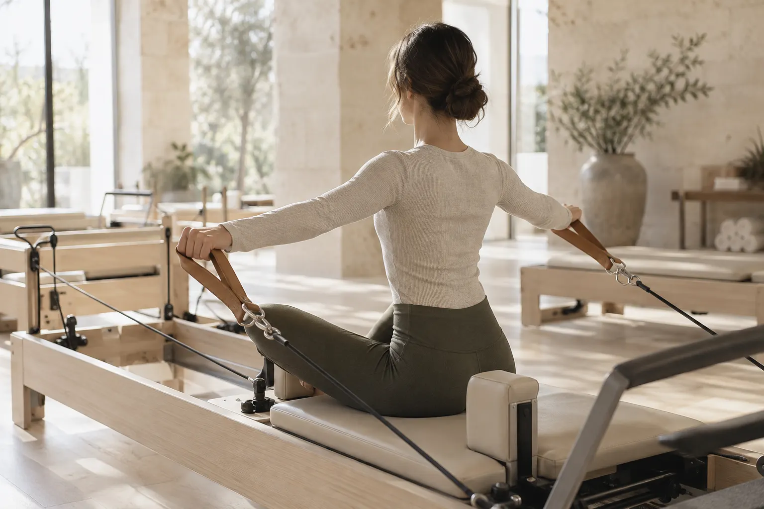 A member seated on a reformer holding the straps, seen from behind in a bright studio