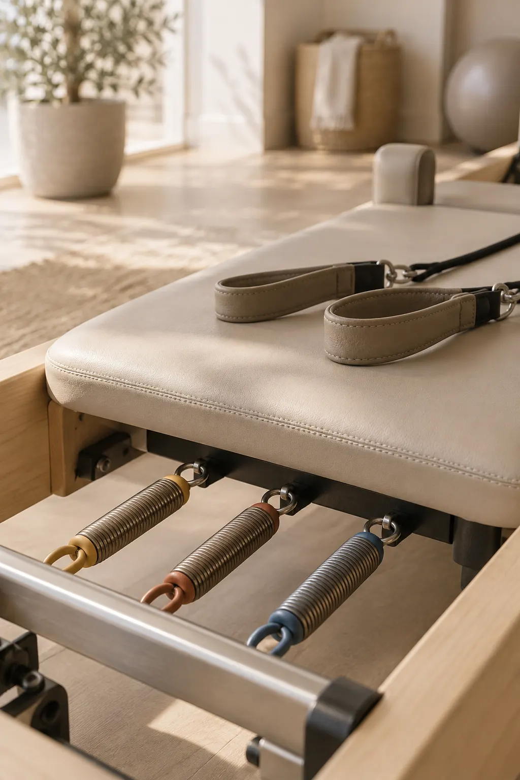 Close up of a reformer carriage with three colored springs and leather straps