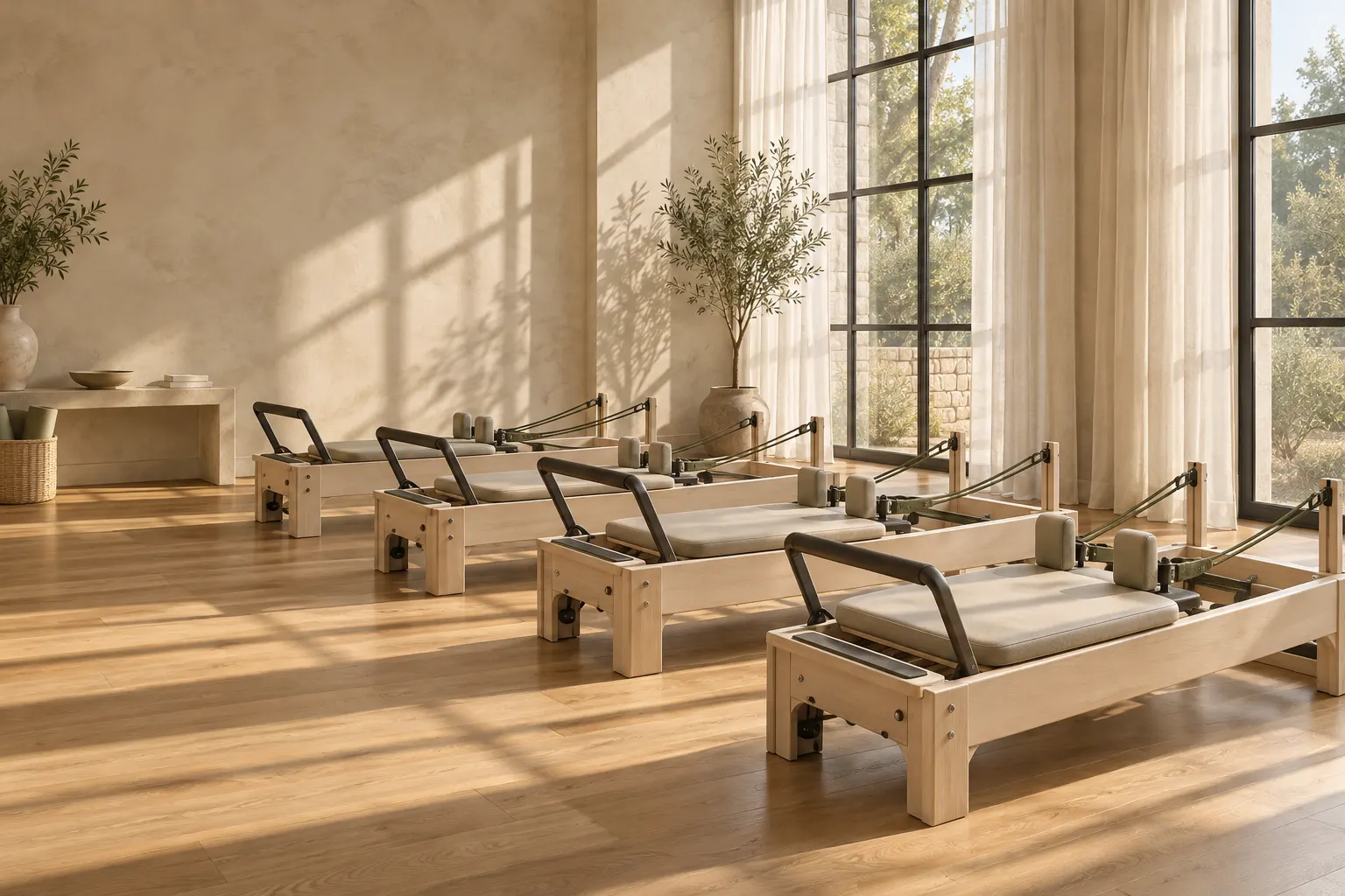 Four pale wood reformers in a row across a sunlit studio with linen curtains and olive trees