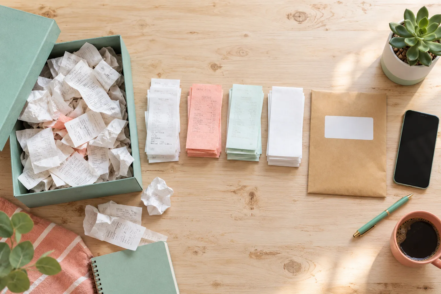 From above: a mint shoebox overflowing with crumpled receipts beside neat stacks of receipts sorted by color, a brown envelope, a phone and a cup of coffee on a pale wooden desk