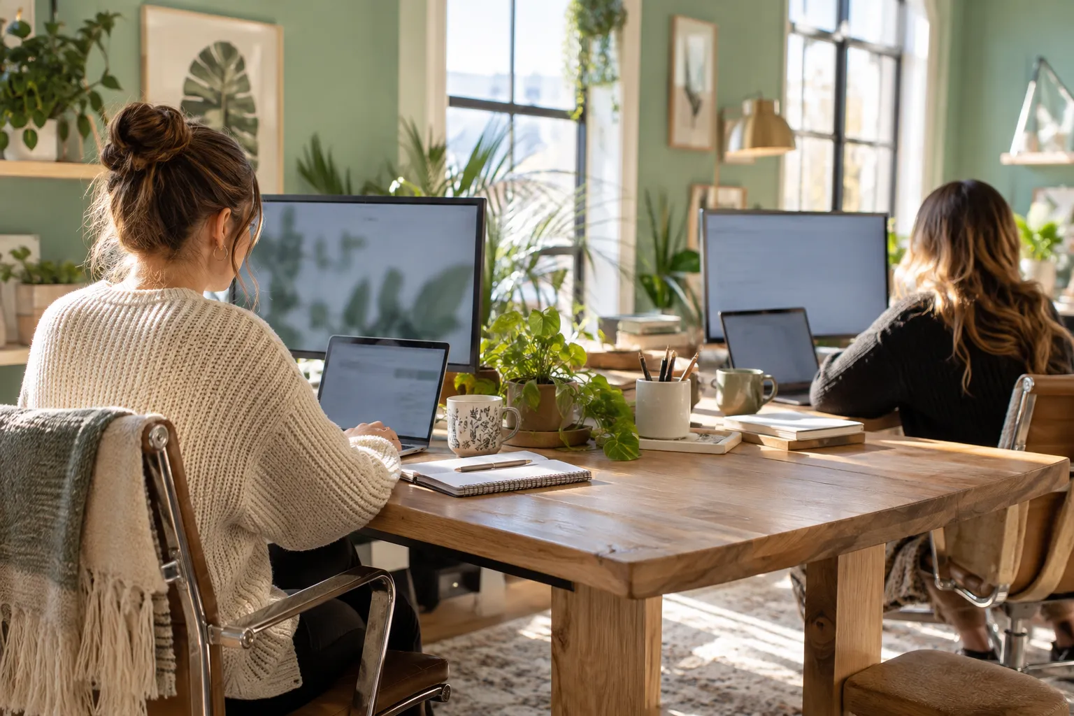 Two bookkeepers working at a long wooden table in a bright, plant-filled studio with sage walls, laptops, monitors and mugs