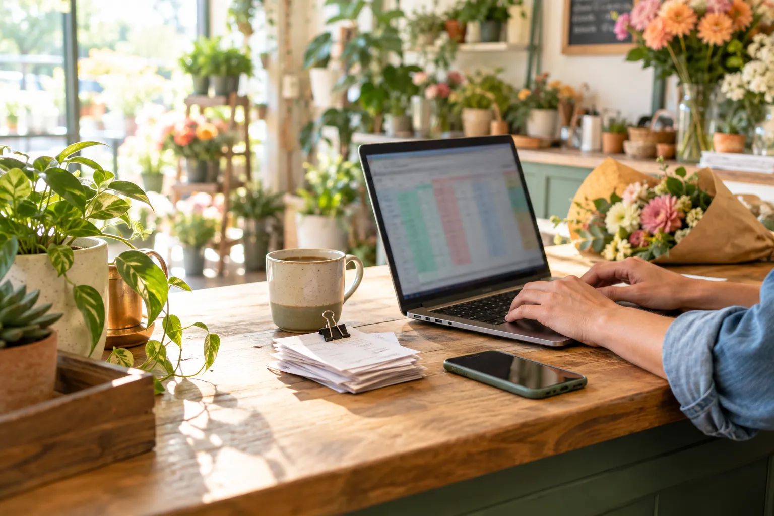 A florist's hands typing at a laptop on a wooden shop counter, next to a coffee mug, a clipped stack of receipts and a wrapped bouquet