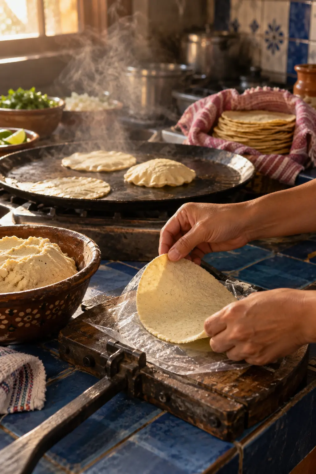 Hands lifting a freshly pressed corn tortilla off a wooden press, with tortillas puffing on a black comal and steam rising behind
