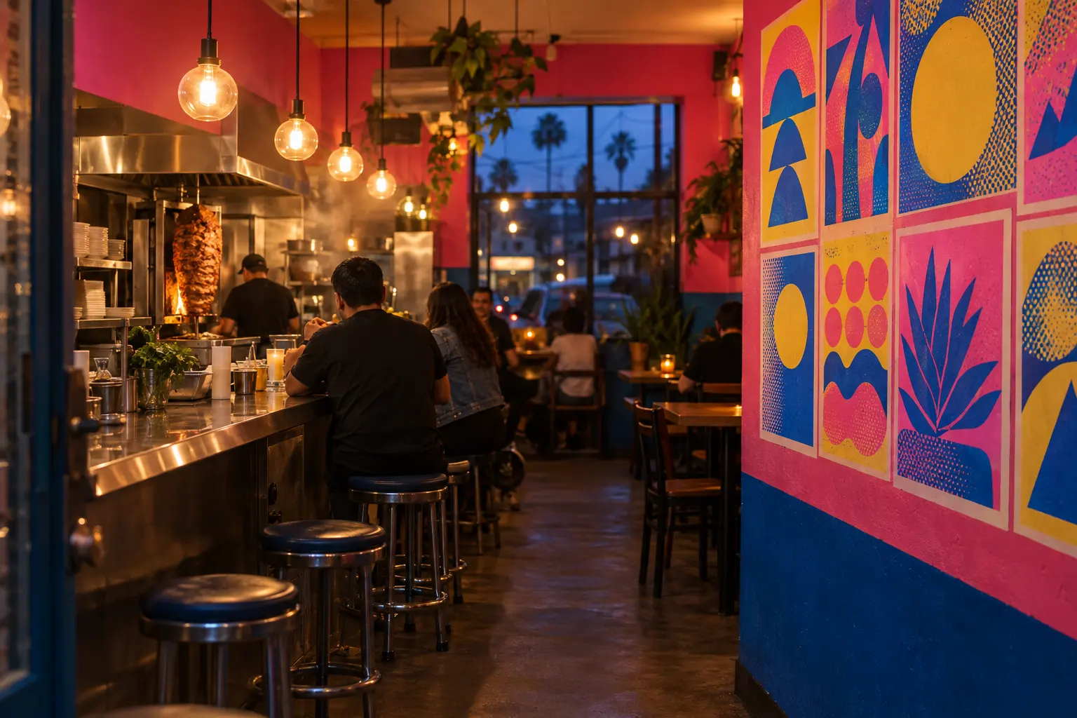 The dining room at dusk: a long steel counter with stools, the trompo glowing by the grill, pink and blue walls and a wall of two-color posters