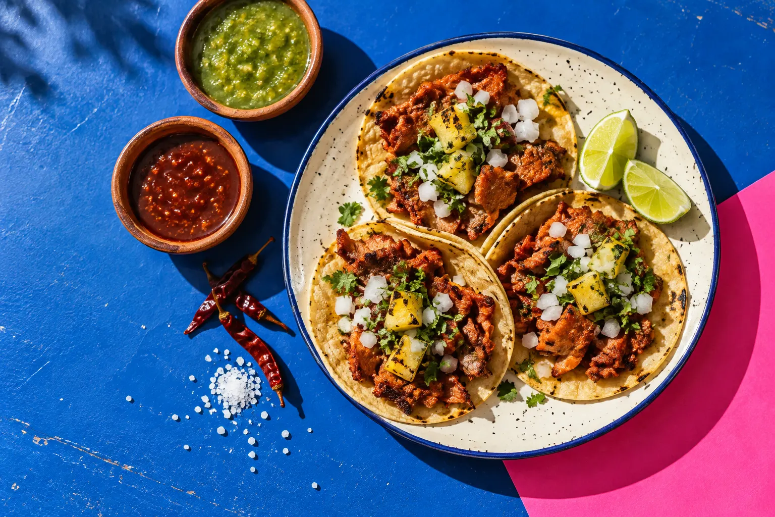 Three tacos al pastor with pineapple, onion and cilantro on a speckled enamel plate, with green and red salsa and lime on a blue table