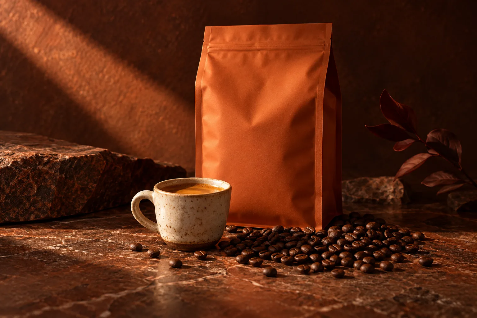 A bag of this week’s roast beside an espresso and roasted beans on warm stone