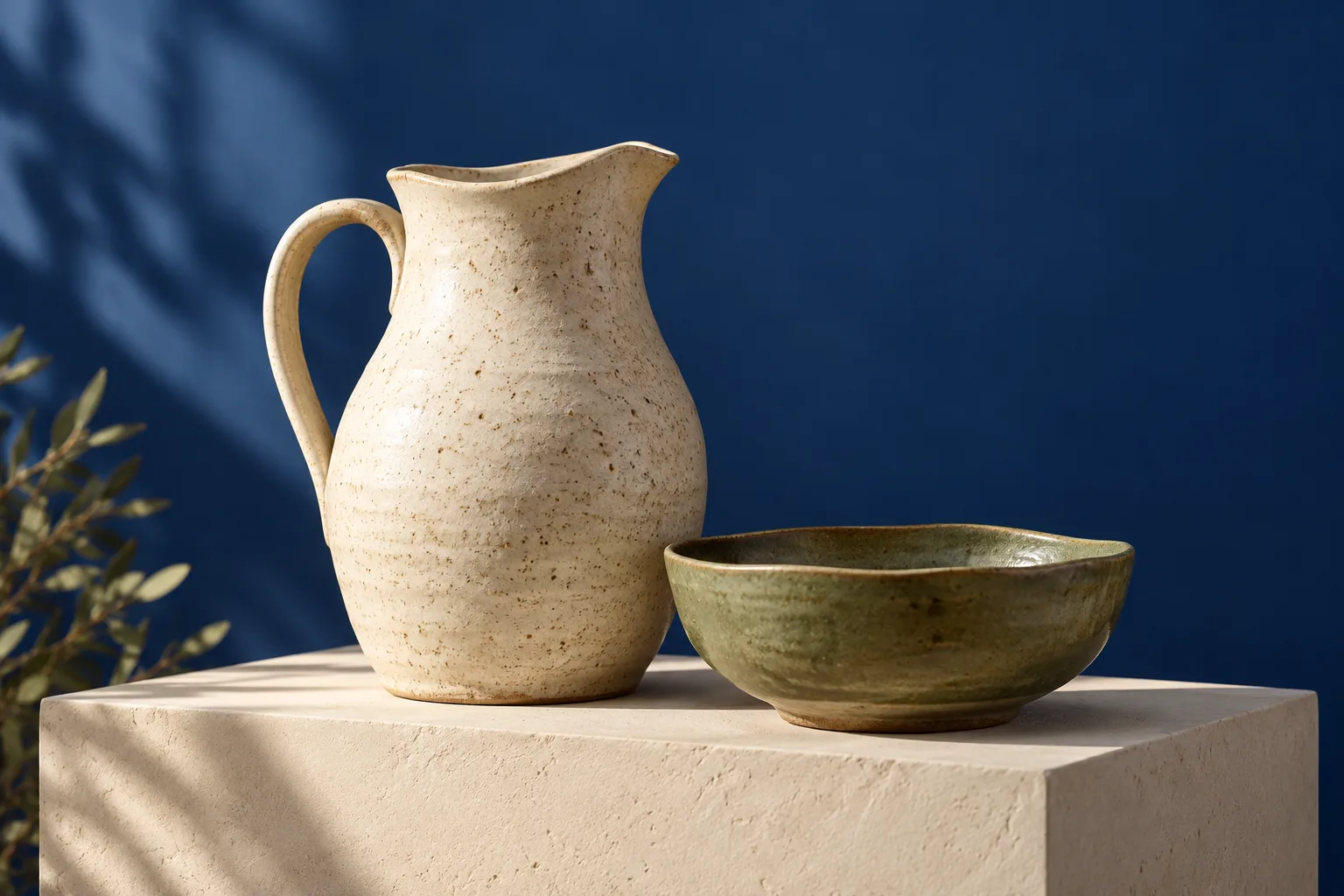 An ivory stoneware pouring jug and a low celadon bowl on a plaster plinth against a cobalt wall