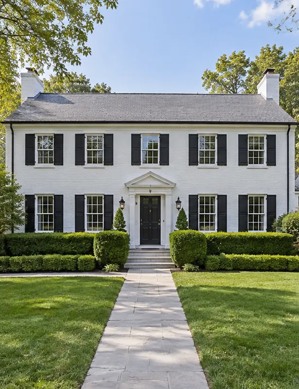 A white-painted brick colonial with black shutters, boxwood hedges and a stone front walk.
