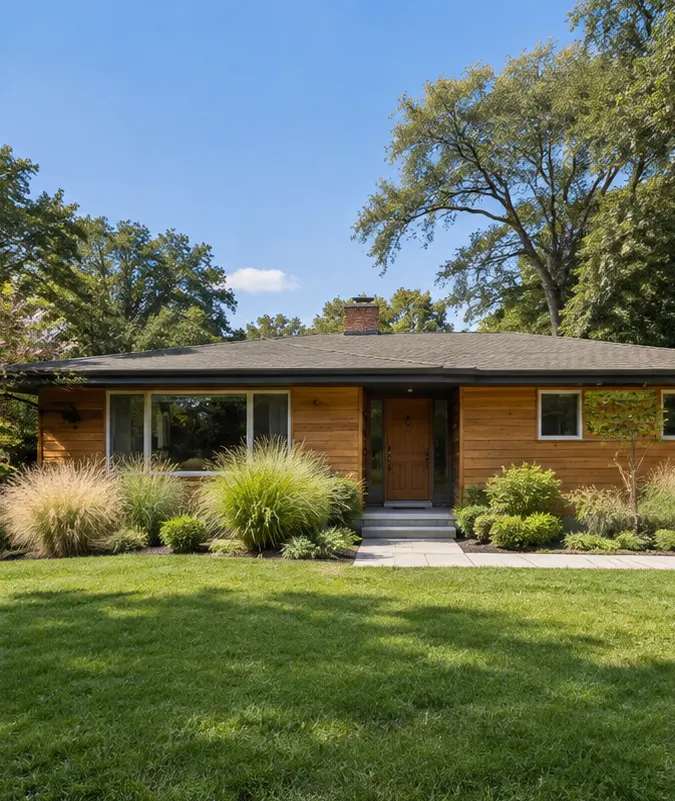 A low cedar-sided mid-century ranch house with a wide front window and ornamental grasses.