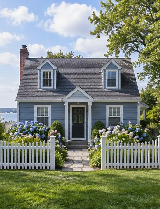 A blue-gray cape cod cottage with two dormers, blue hydrangeas and a white picket fence, the water beyond.