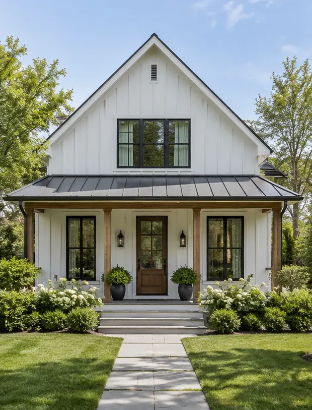 A white board-and-batten modern farmhouse with black windows, a metal porch roof and a wide lawn.