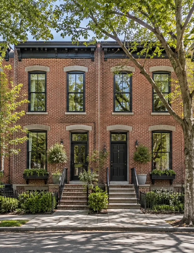 A pair of red-brick townhouses with tall black-framed windows, stoops and window boxes on a tree-lined street.