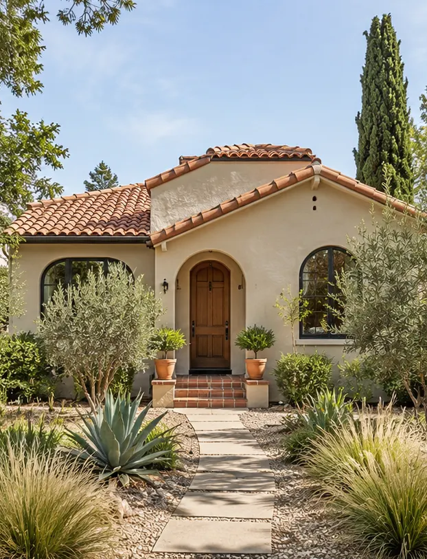 A cream stucco bungalow with a terracotta tile roof, an arched wooden front door and an olive tree.