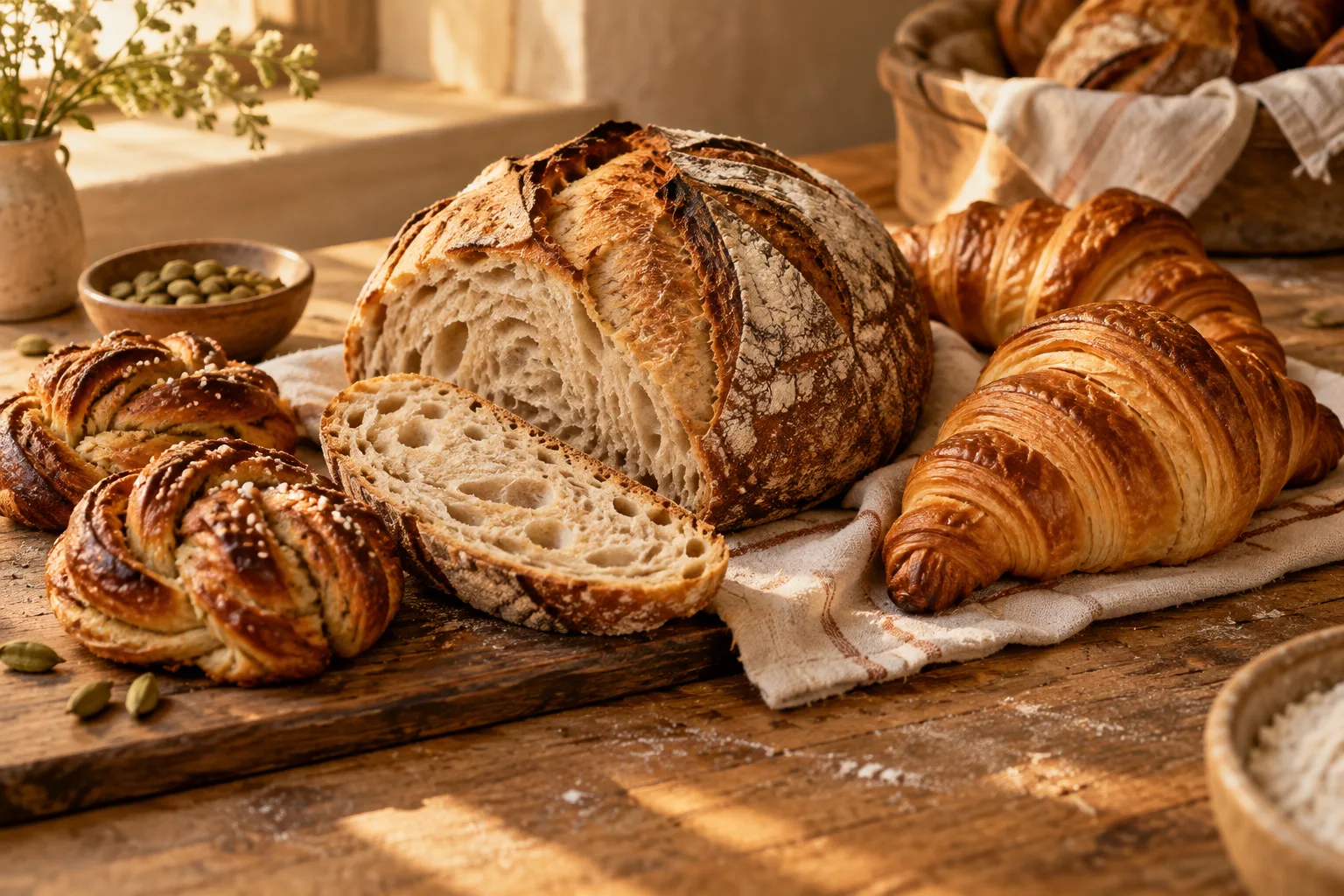 Fresh sourdough, flaky croissants and cardamom knots in warm morning light