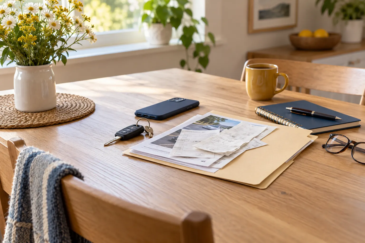 A kitchen table with a manila folder of papers and receipts, car keys, a phone, a notebook and reading glasses.
