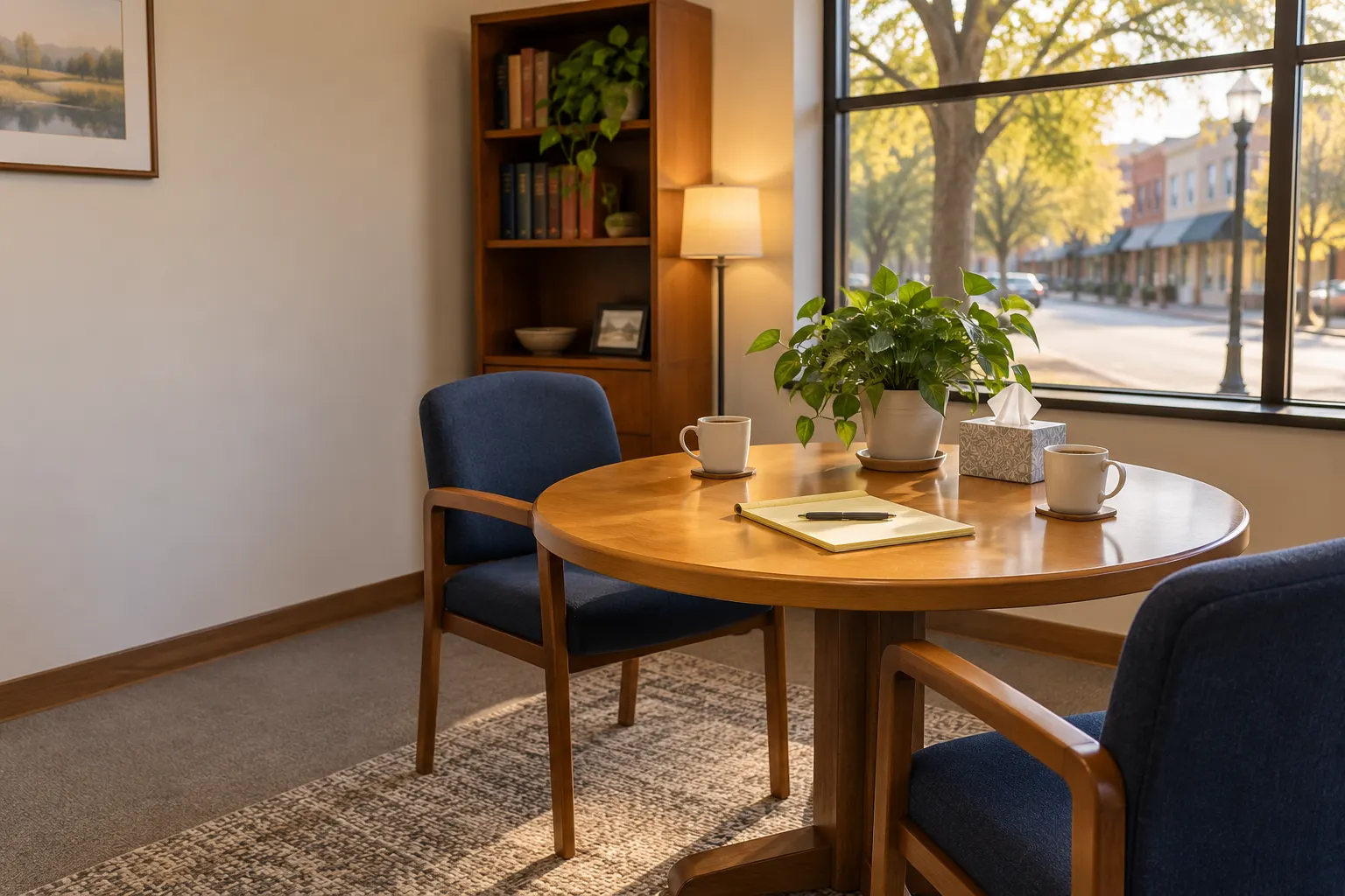 A small consultation room at the firm: a round wooden table with two navy chairs, coffee, a legal pad and a window onto Commerce Street.