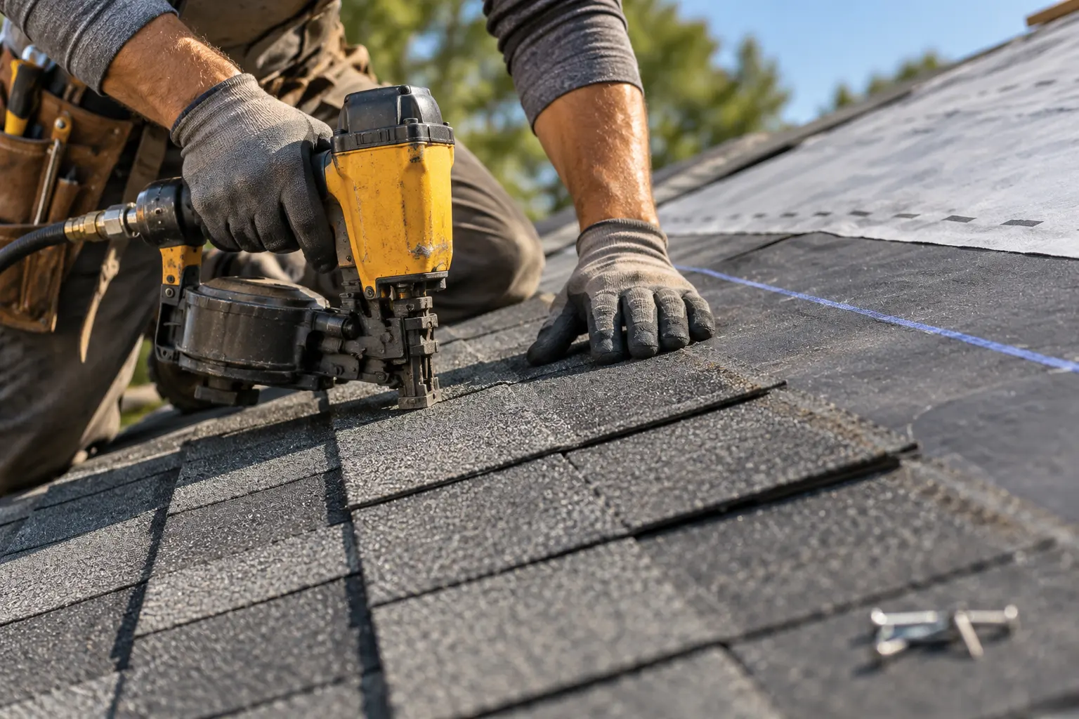 Gloved hands nailing a charcoal shingle into place on a pitched roof.