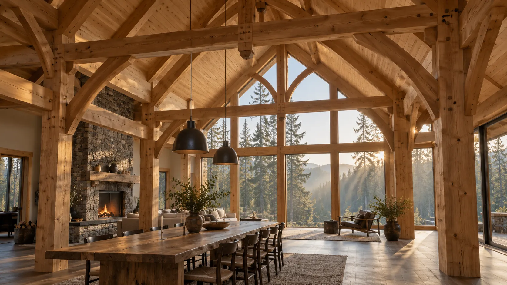 A timber-frame great room: hand-planed fir posts, curved braces and king-post trusses under a pine ceiling, a wall of windows onto a misty forest.