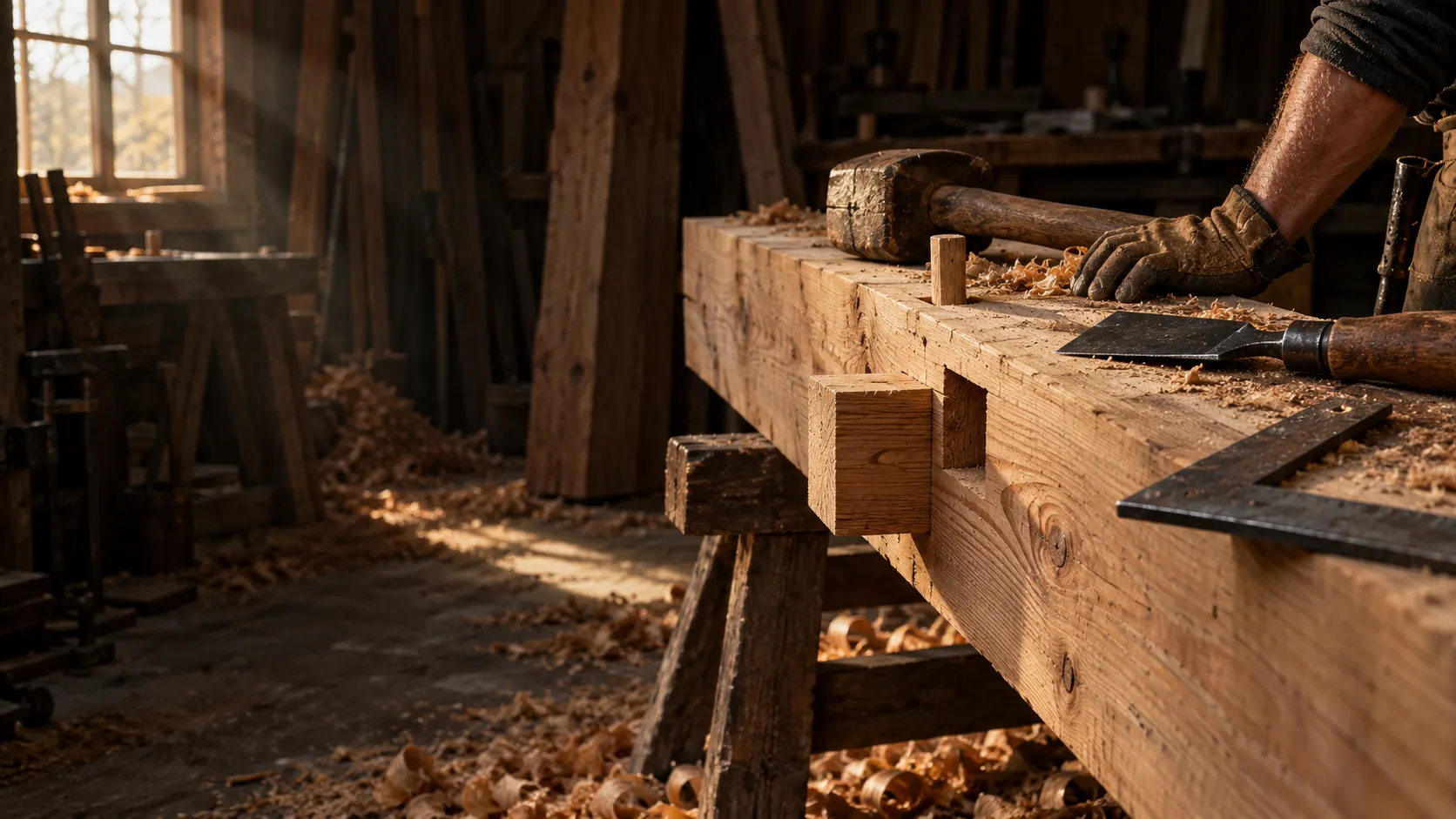 A Douglas fir beam on sawhorses in the workshop, with a cut tenon, an oak peg, a mallet, a chisel and a framing square among the shavings.