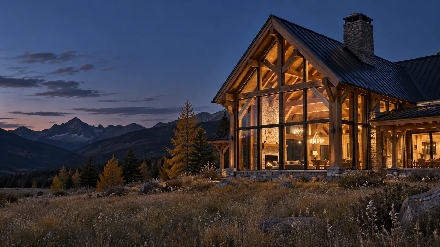 A timber-frame house at dusk in a mountain meadow, its tall glass gable glowing between Douglas fir posts and braces, larch trees turning gold beside it.
