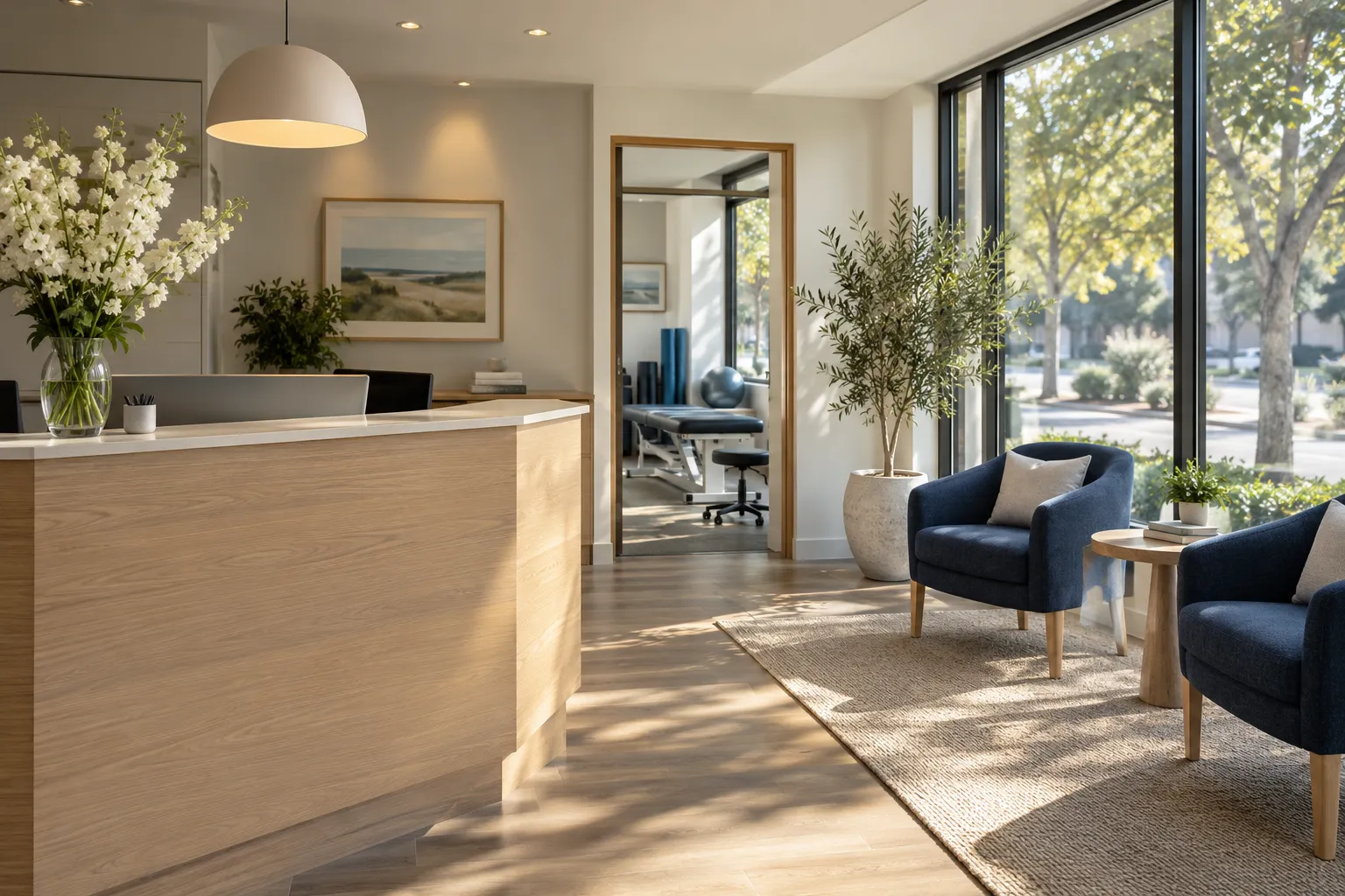The front desk at the Hill clinic, with navy armchairs and a window onto a tree-lined street