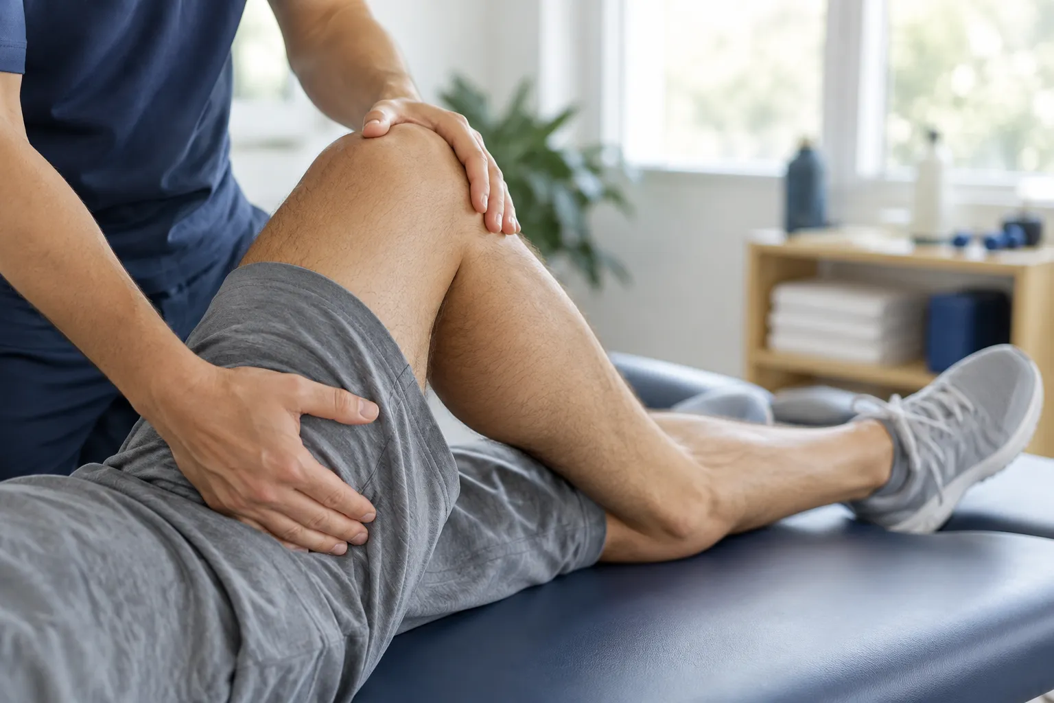A therapist's hands supporting a person's bent knee on a padded treatment table