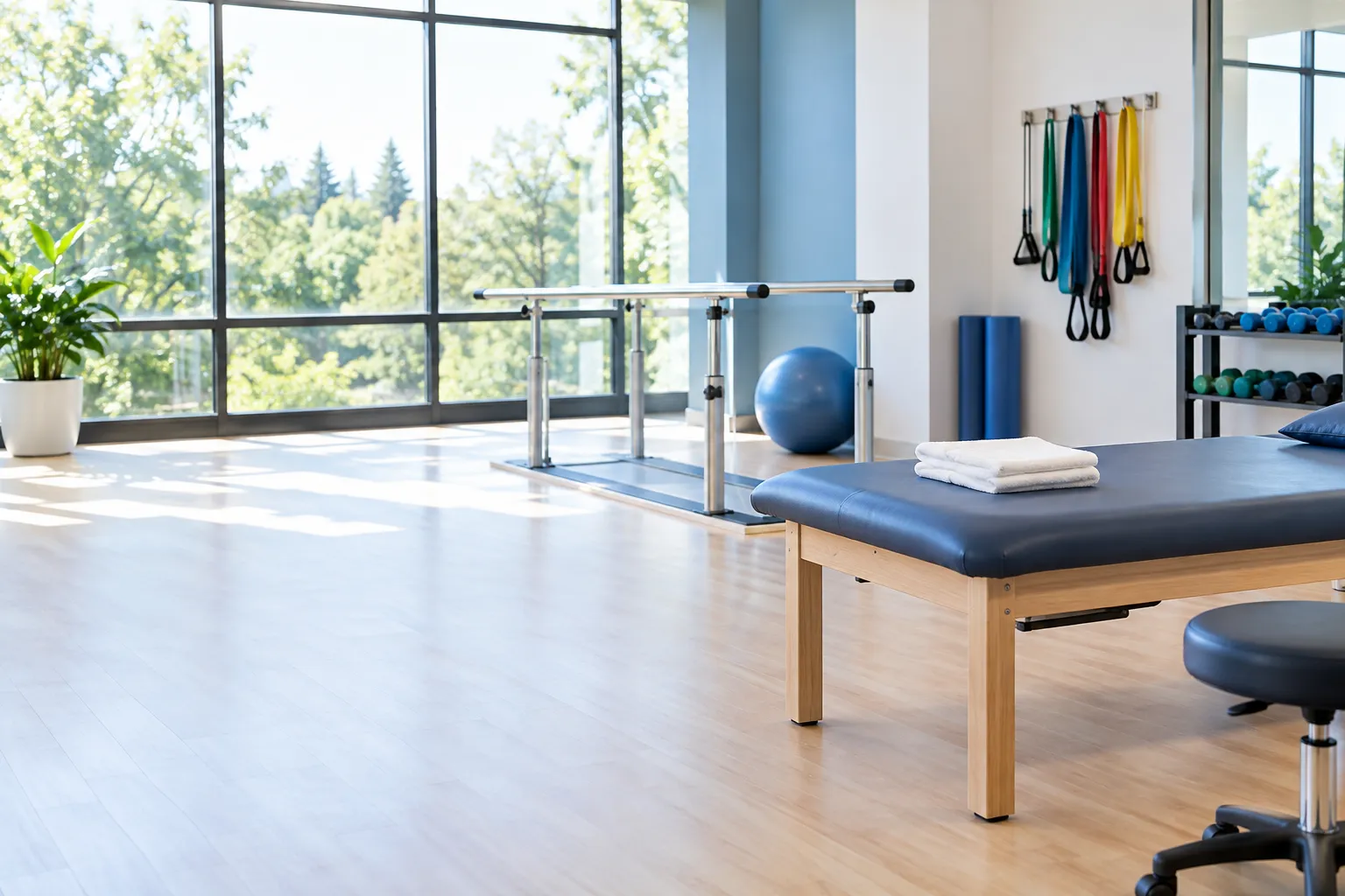 The bright treatment gym at Larkspur's Hill clinic: a padded table, parallel bars and resistance bands by tall windows