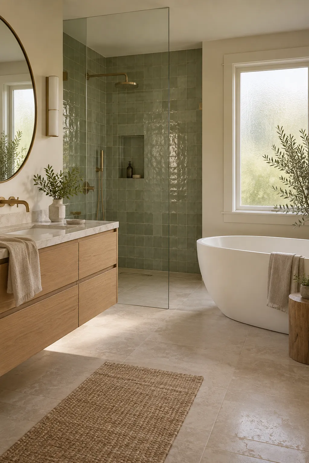 A primary bath with sage zellige tile in a curbless shower, a freestanding tub and a floating white oak vanity.