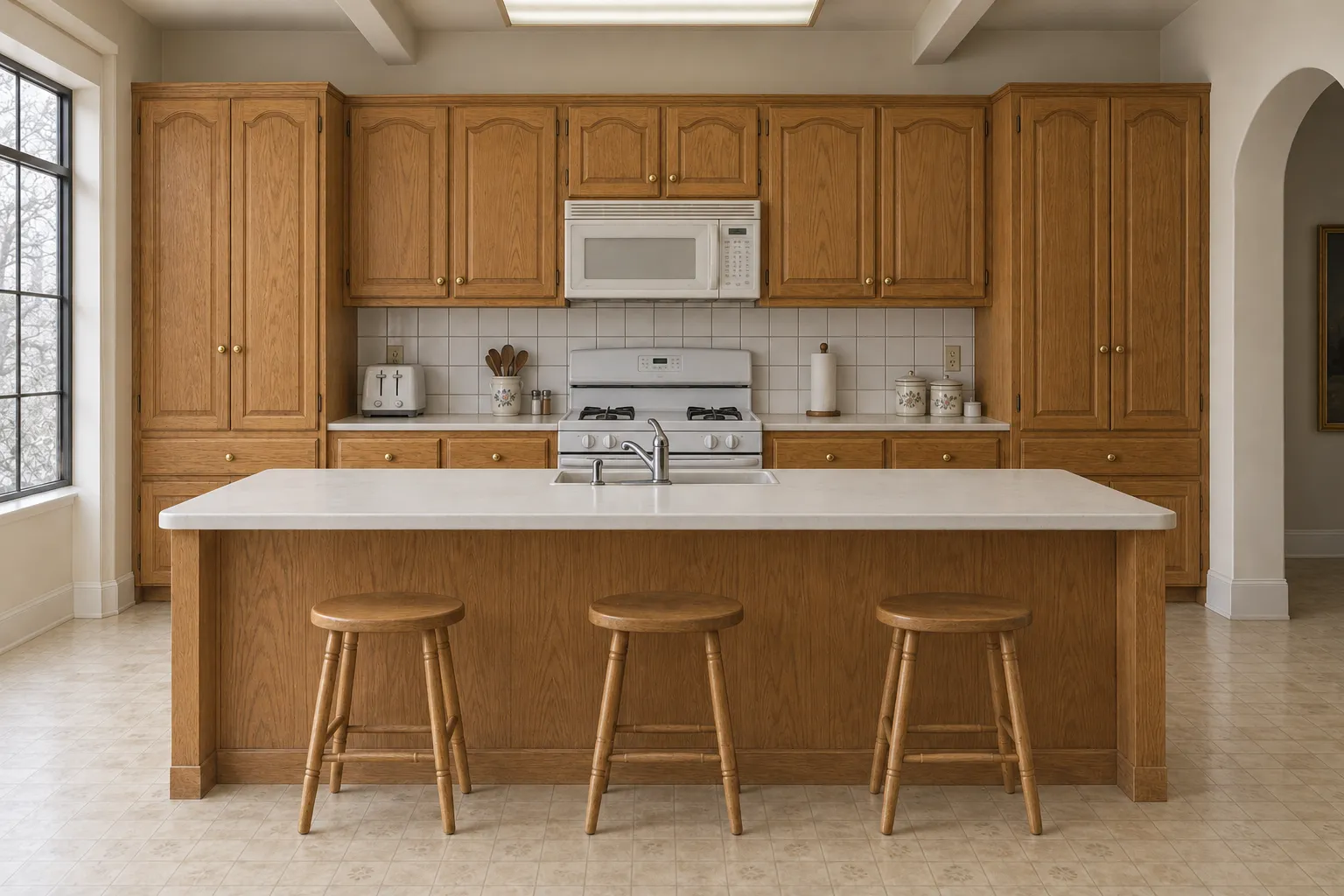 Before: honey oak cabinets, a laminate counter, a white range under a microwave and vinyl flooring.