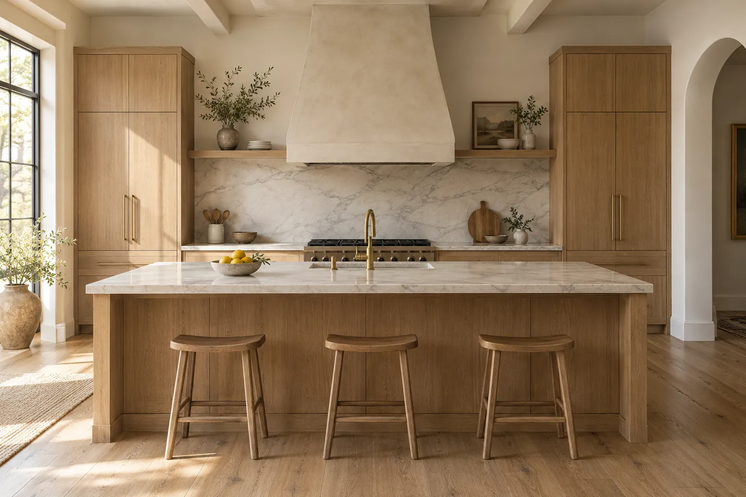 A remodeled kitchen with rift-sawn white oak cabinets, a limewash plaster range hood, marble counters and a long island with three wooden stools.