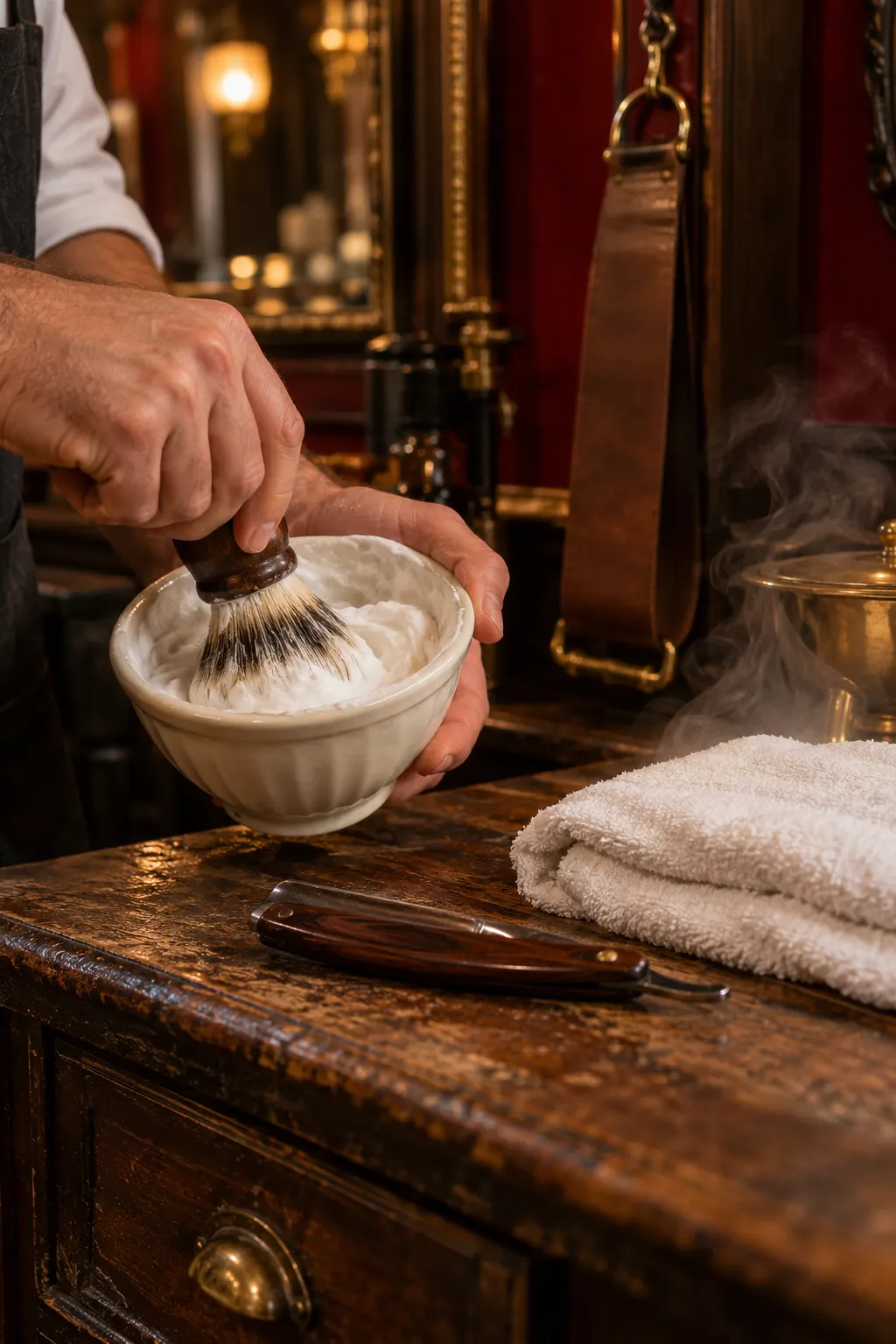 A barber whipping shaving lather in a ceramic bowl beside a folded hot towel and a straight razor on a worn wooden counter