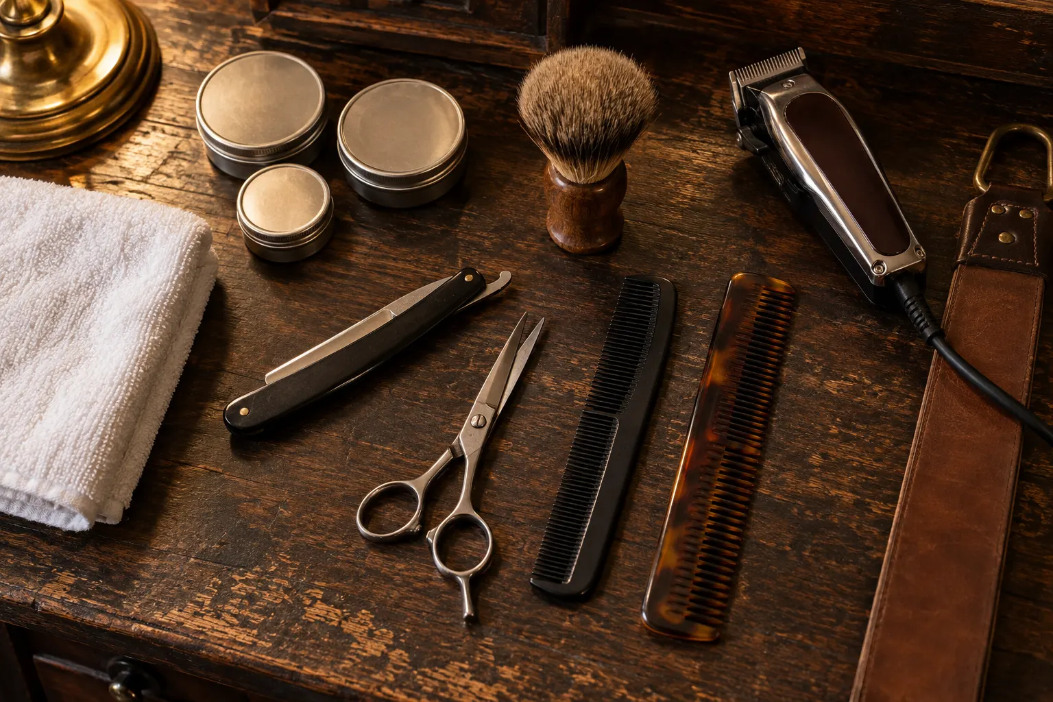 Barber tools laid out on a dark wooden counter: a straight razor, scissors, combs, clippers, a strop and pomade tins