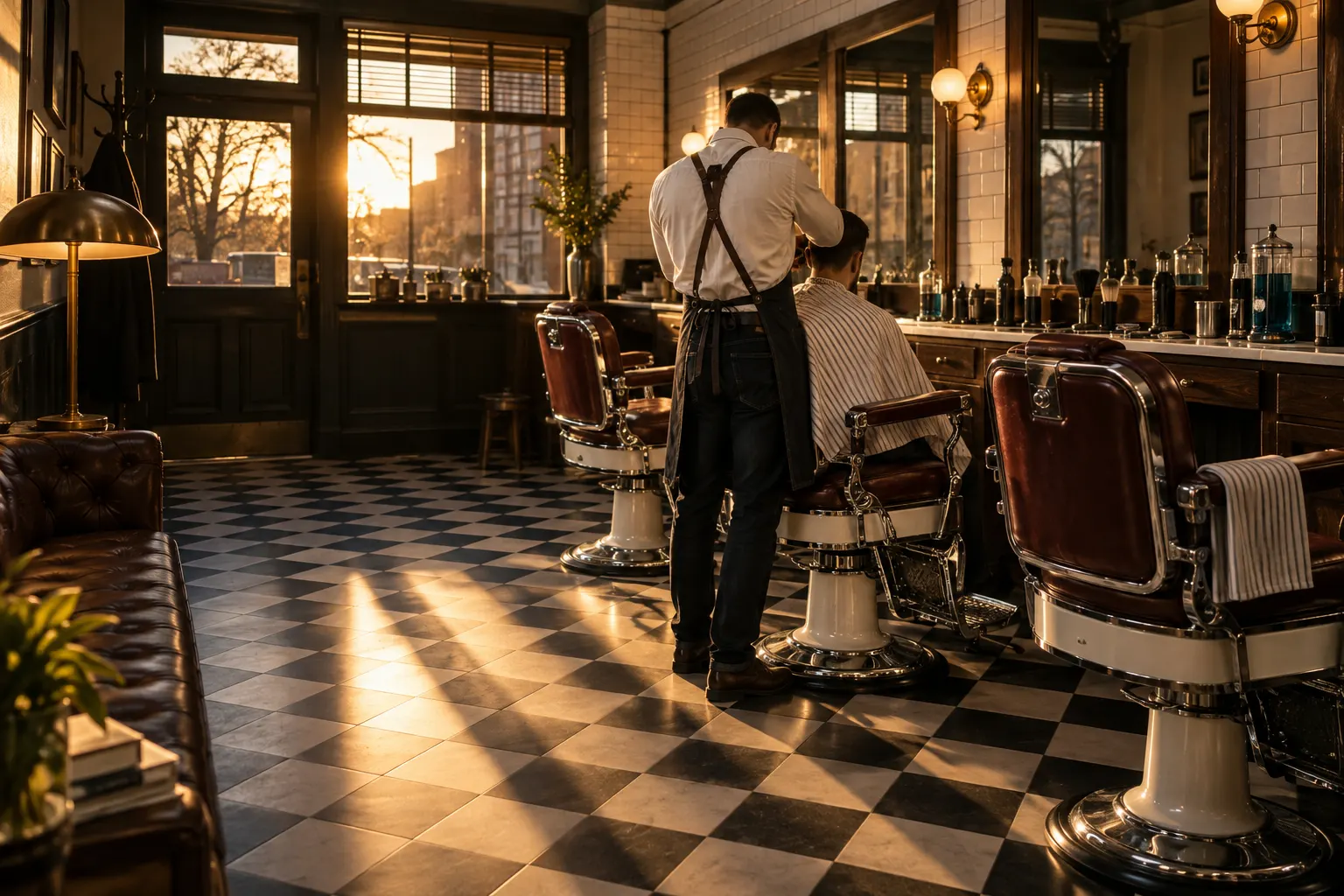 Inside the shop at golden hour: vintage oxblood barber chairs on a checkered floor, a barber mid-cut at the middle chair