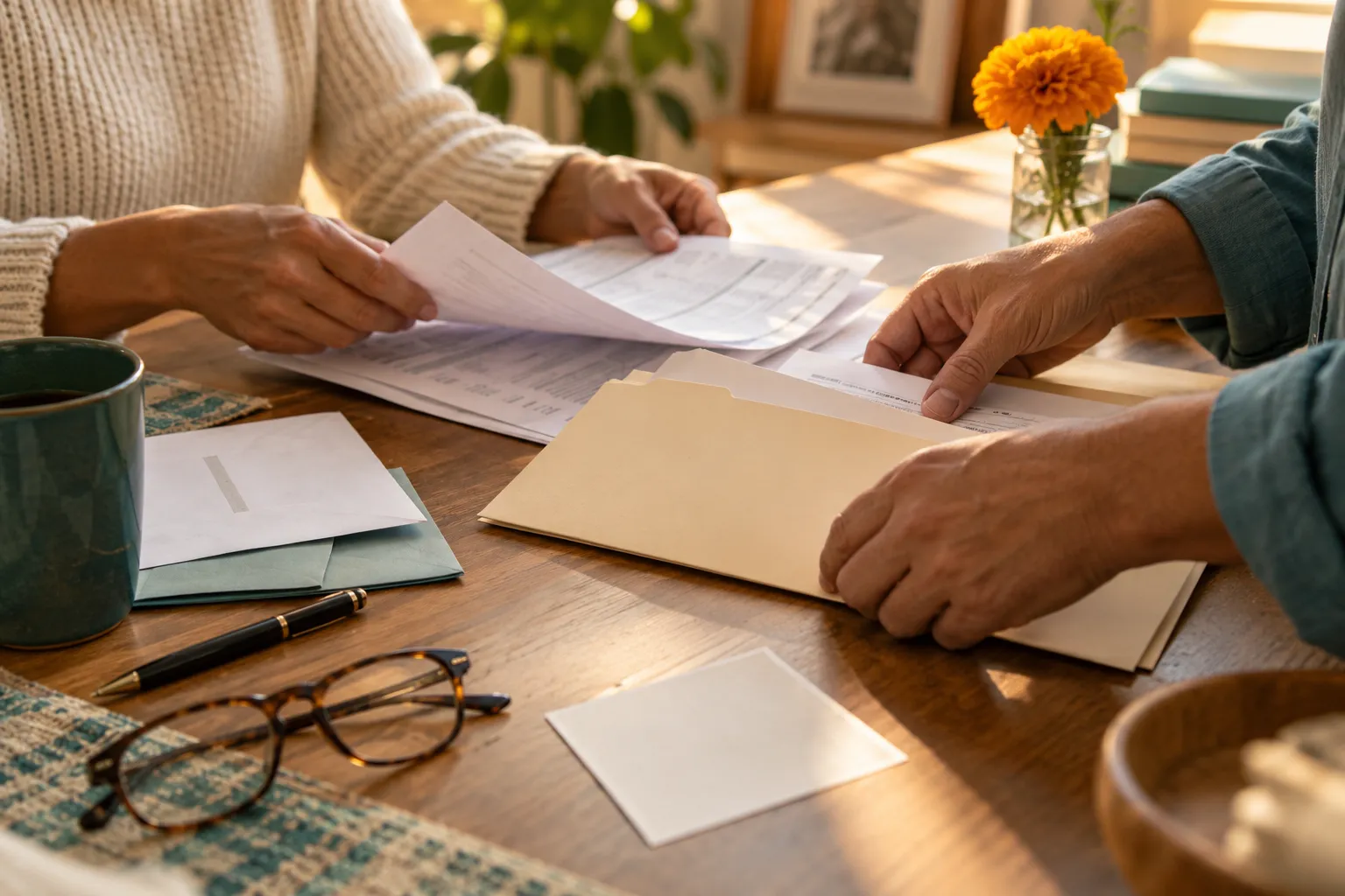 Two people at a wooden table sorting a year of family paperwork into a manila folder, next to a teal mug, reading glasses and a single marigold in a jar