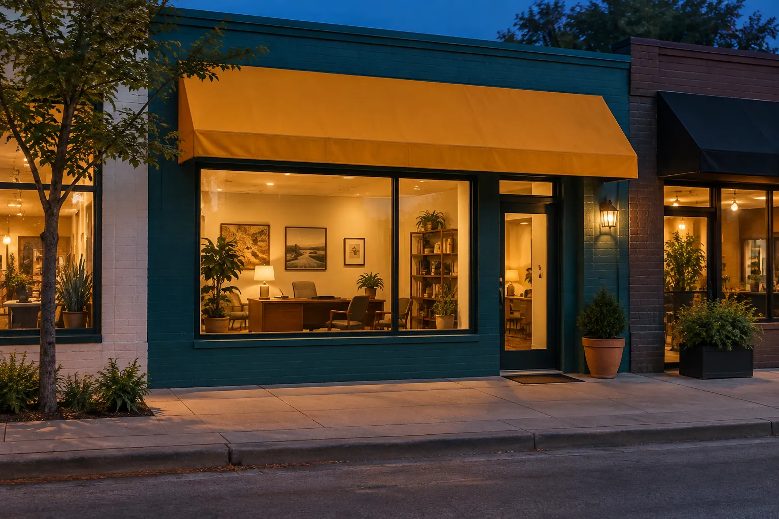 The Marigold Tax storefront at dusk: teal-painted brick, a plain marigold awning over a wide lit window, and a desk and armchairs glowing inside