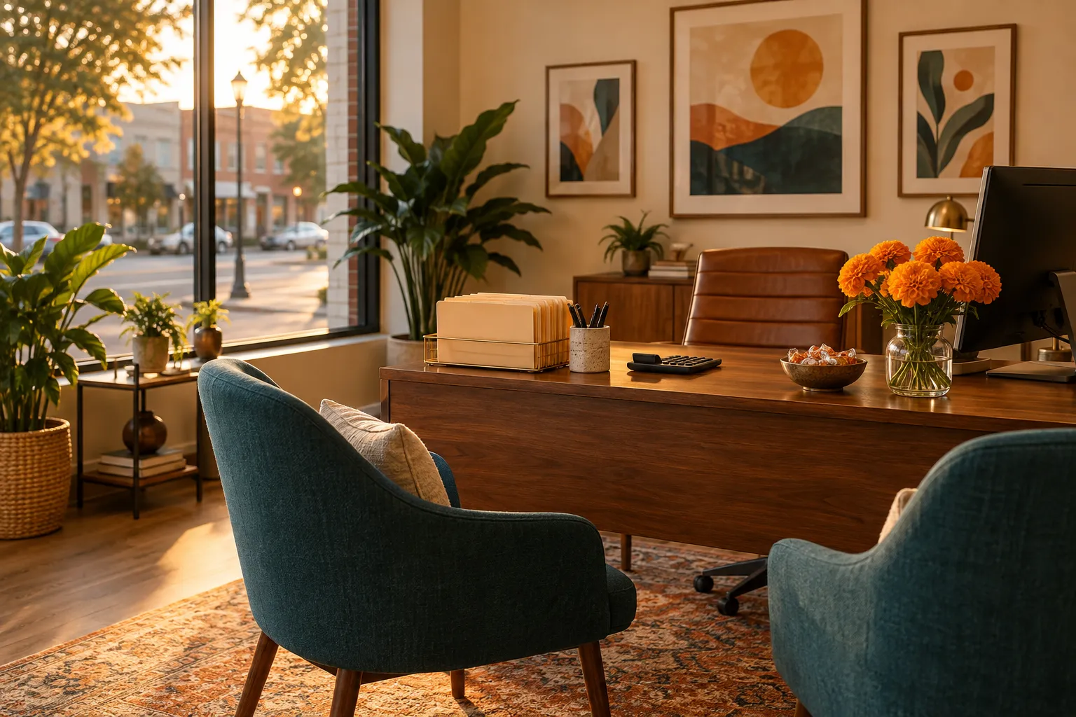 Inside Marigold Tax at golden hour: two teal armchairs face a walnut desk with a calculator, file folders and a jar of orange marigolds, and the street glows through the big front window