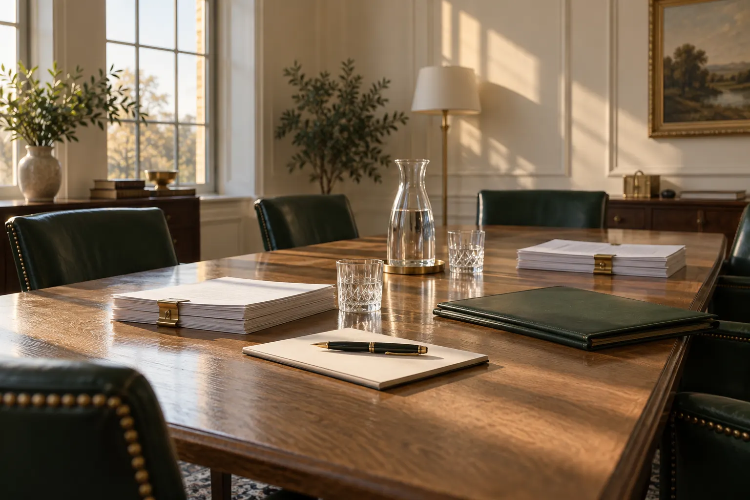 The long oak table in the firm’s meeting room in late afternoon light: squared stacks of documents with brass clips, a green leather folder, a fountain pen on a notepad and a carafe of water.